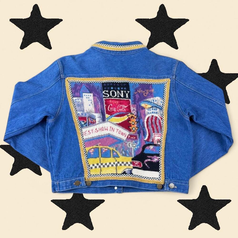 ★ kolorway denim jacket w/ hand-embroidered cityscape patch ★
